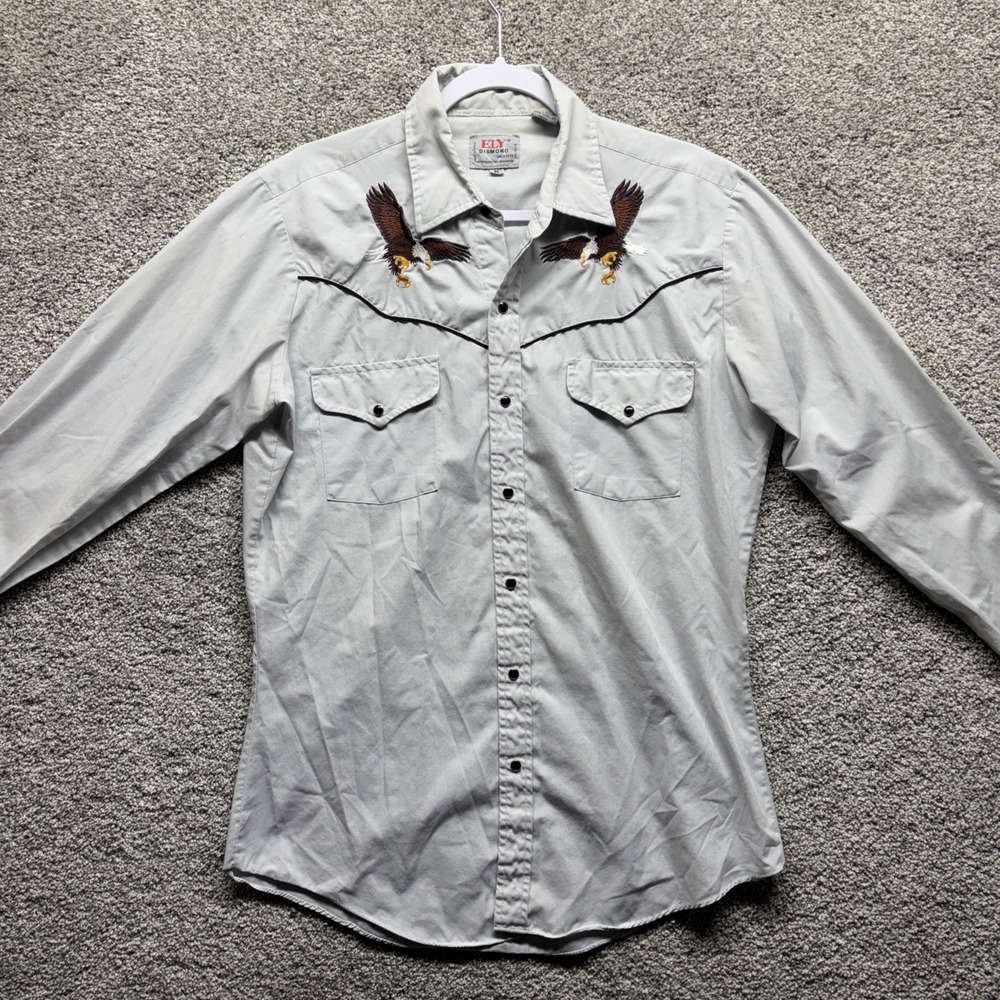 Ely Cattleman Shirt Mens Medium Light Gray Eagles Pearl Snap Western Embroidered